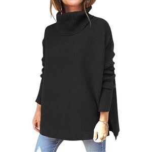 lillusory Women's Black Oversized Turtleneck with Dropped Shoulders - Medium